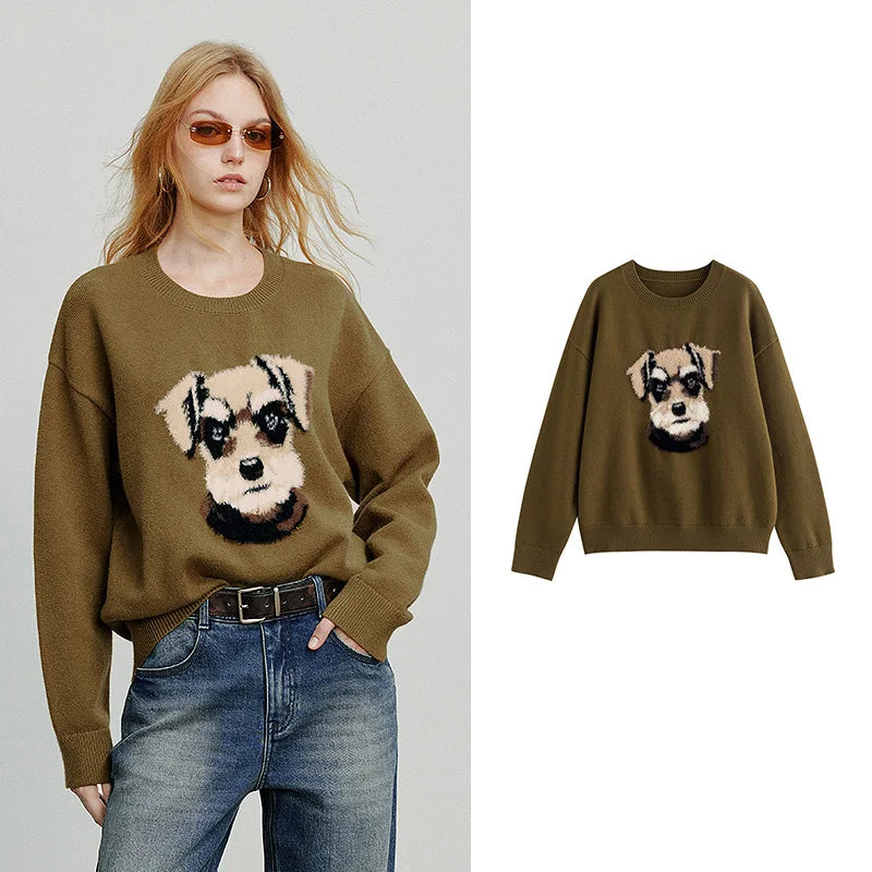Women Knitted Sweater 2025 Autumn New Plush Dog Patter Warm