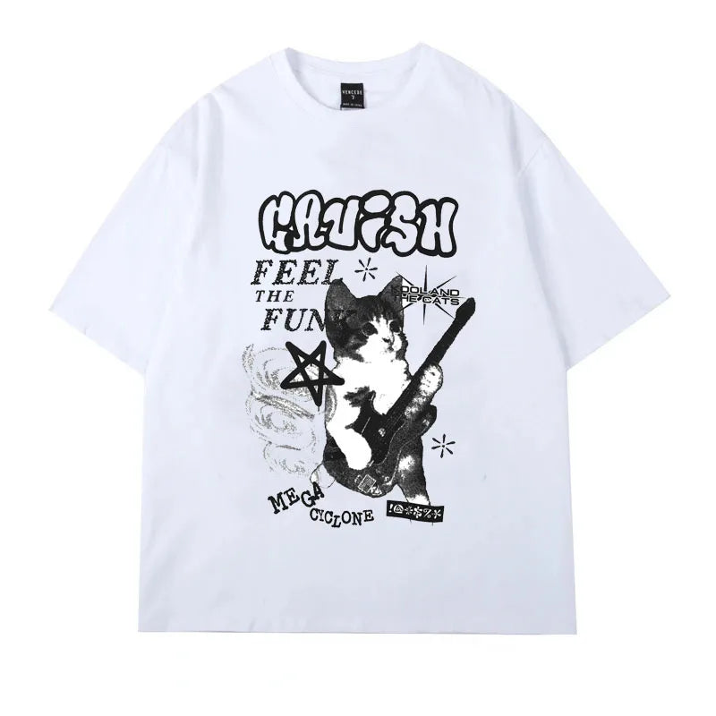 American Cat Rock Guitar Graphic Short Sleeve T-Shirt Loose