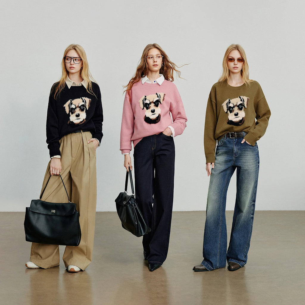 Women Knitted Sweater 2025 Autumn New Plush Dog Patter Warm