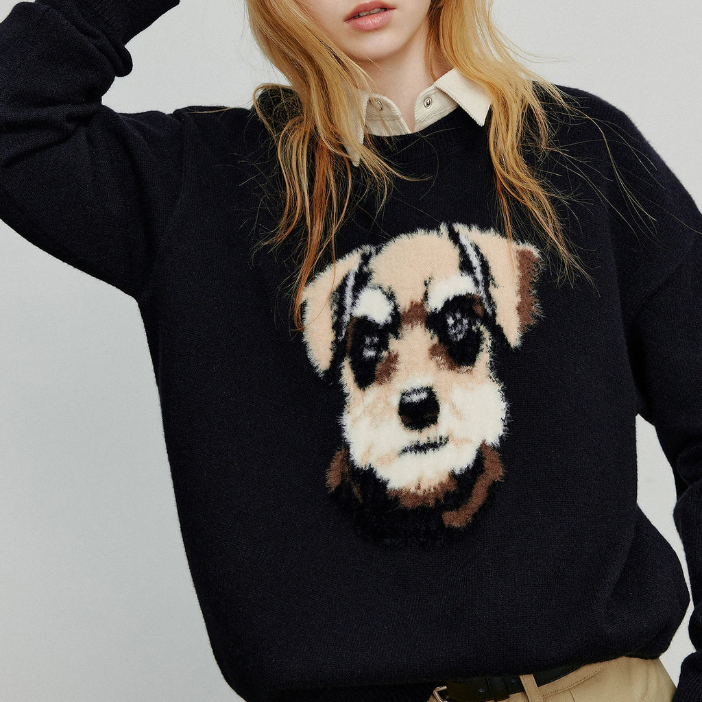 Women Knitted Sweater 2025 Autumn New Plush Dog Patter Warm