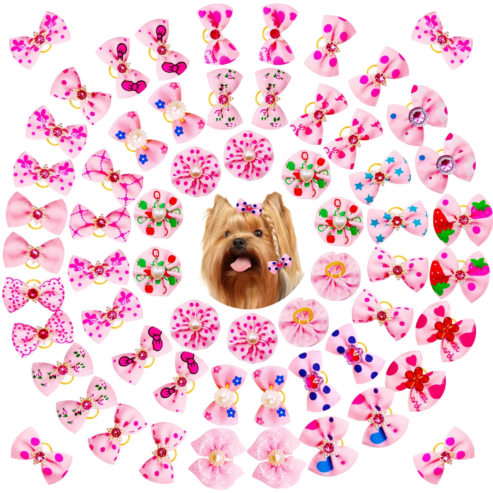 Pet Dog Cat Hair Bows with Diamond Pearl Pink Puppy