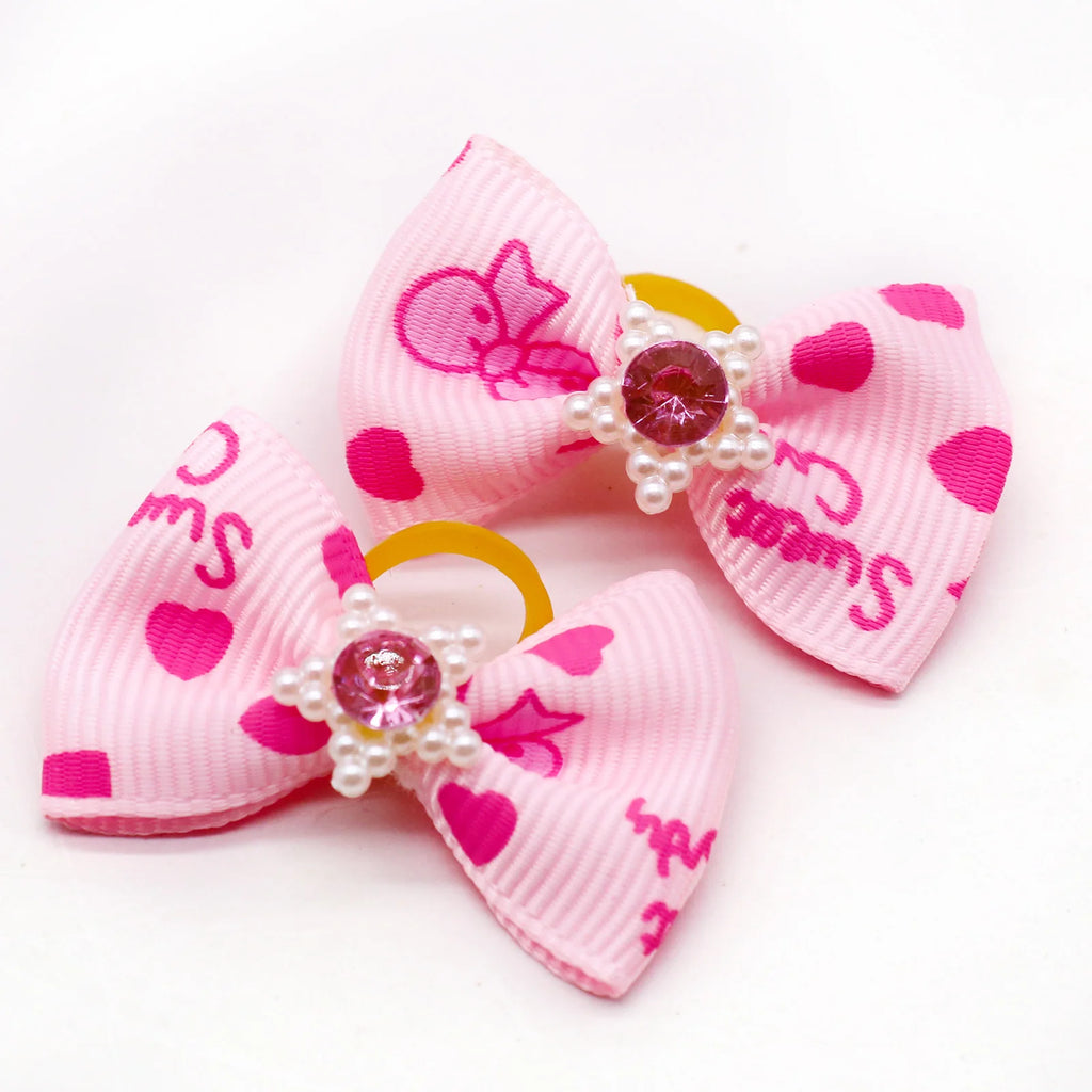Pet Dog Cat Hair Bows with Diamond Pearl Pink Puppy