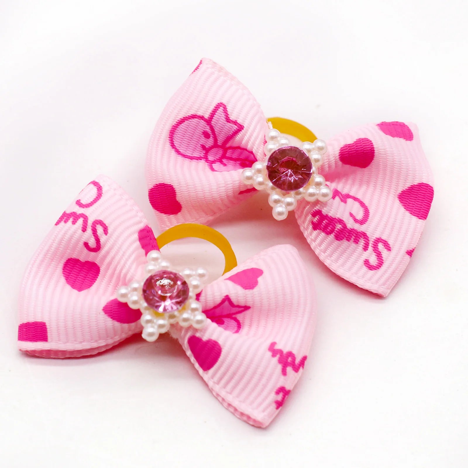 Pet Dog Cat Hair Bows with Diamond Pearl Pink Puppy