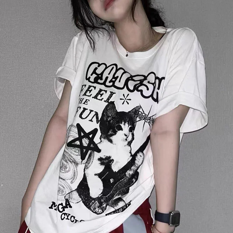 American Cat Rock Guitar Graphic Short Sleeve T-Shirt Loose