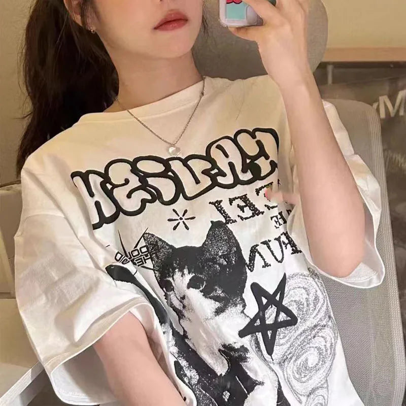American Cat Rock Guitar Graphic Short Sleeve T-Shirt Loose