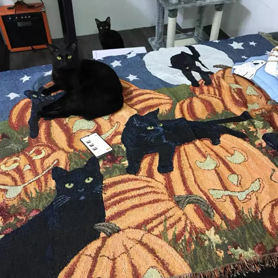 Halloween Black Cat Pumpkin Throw Blanket