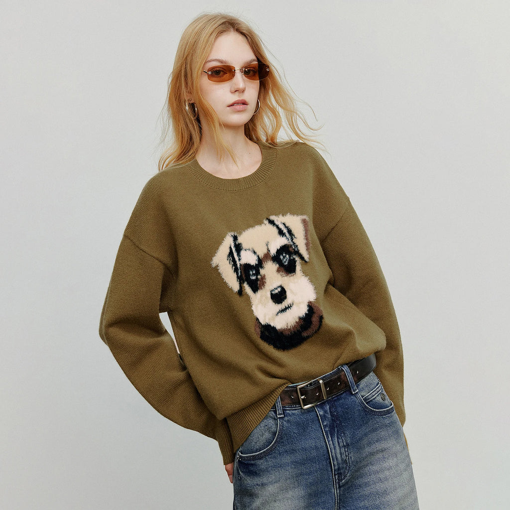 Women Knitted Sweater 2025 Autumn New Plush Dog Patter Warm